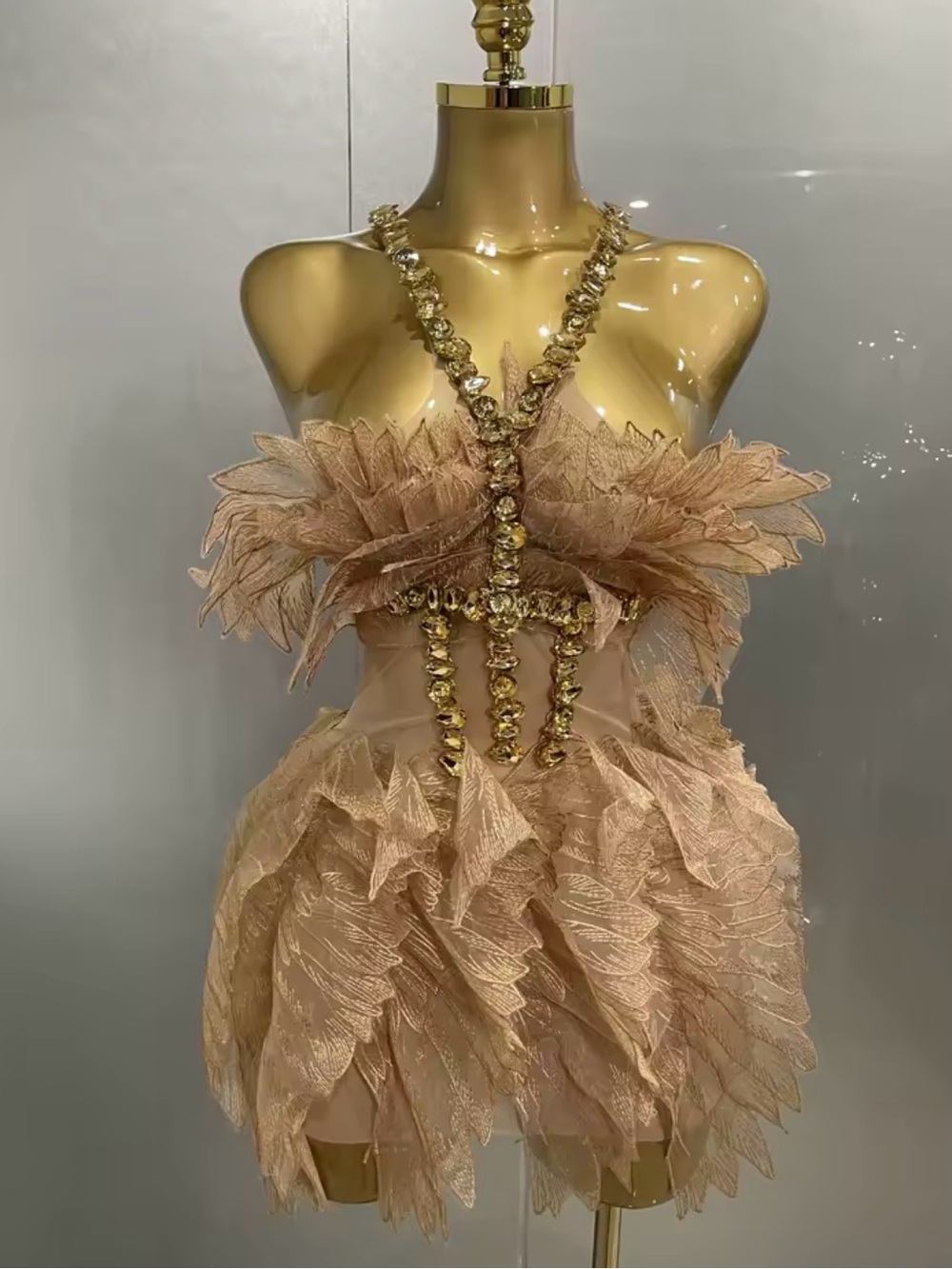 Embellished Feather-Trim Mini Dress in Blush